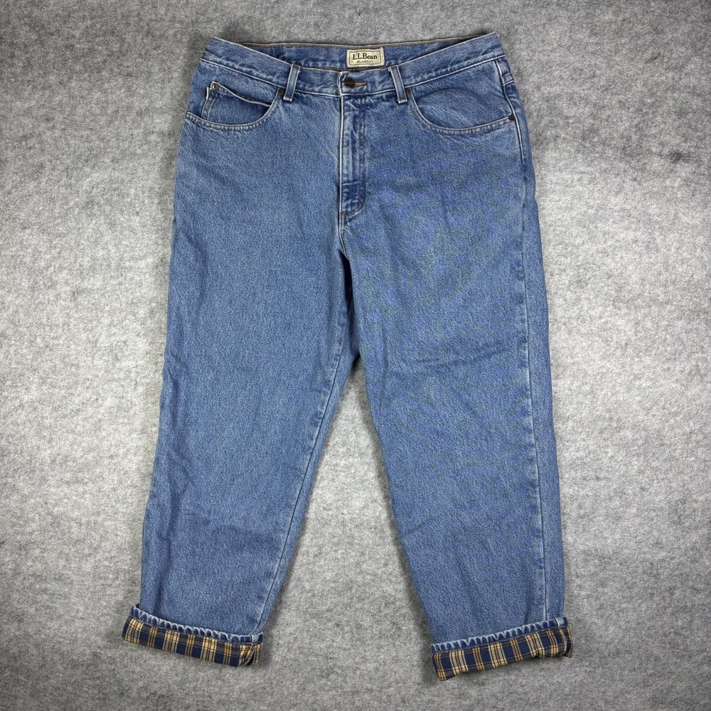 Vintage LL Bean Flannel Lined Jeans Relaxed Fit Blue Denim Plaid 36x29 139426